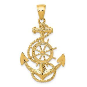 14k Yellow Gold Large Anchor, Ship's Wheel and Rope Necklace - 16 Inch